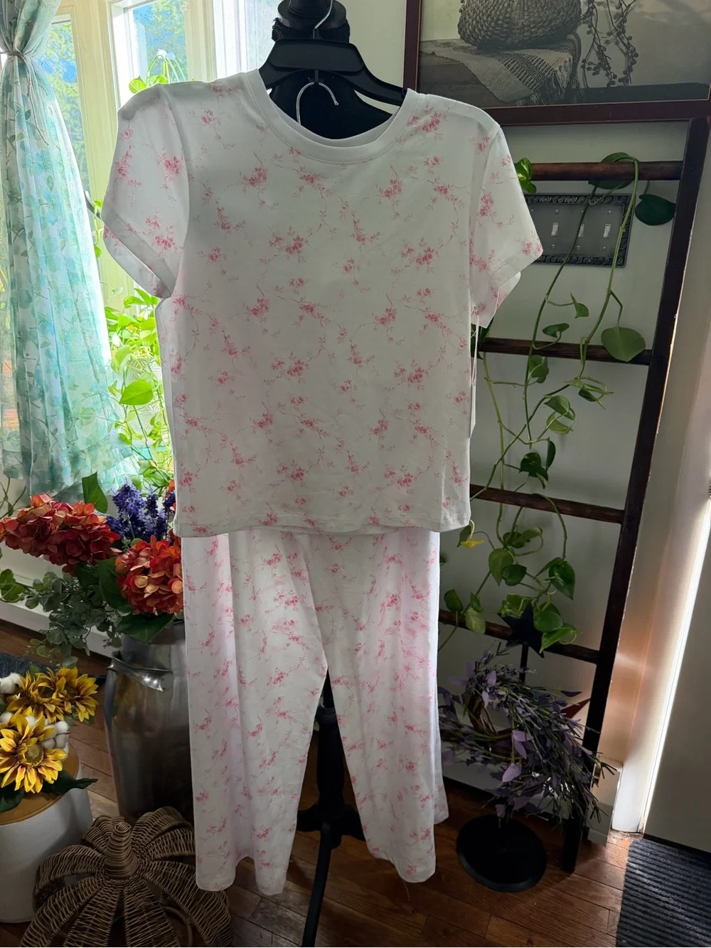 Shabby Chic White & Pink Floral Girls Pajama Set